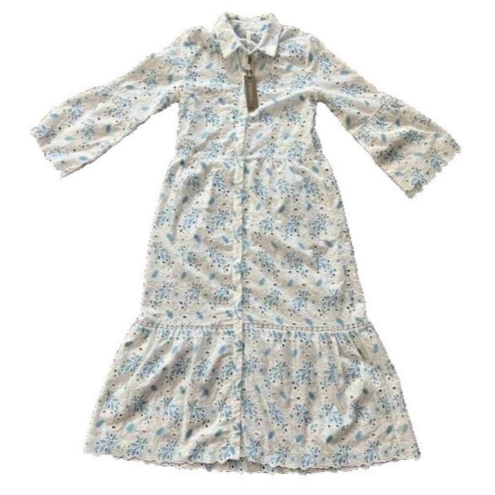 Exetera Paris Embroidered White Dress Cover-up w/Blue Flowers Size 38 Stunning